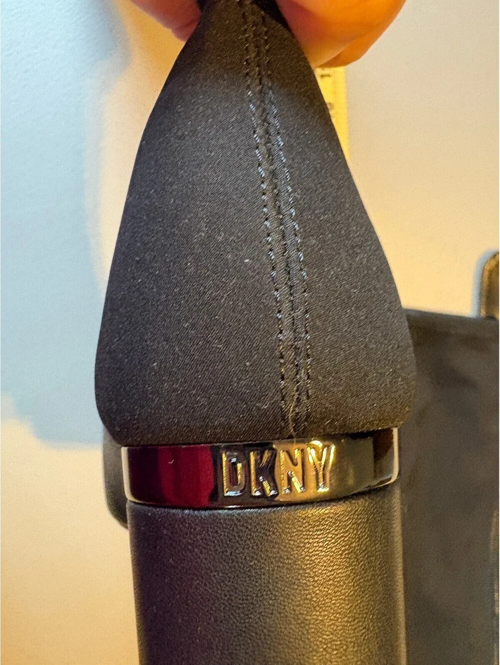 DKNY Black Leather and Fabric Knee High Boots with Block Heel Size 7M
